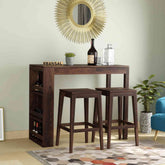 Maurice Solid Sheesham Wood Bar Cabinet With 2 Stools (Walnut Finish)
